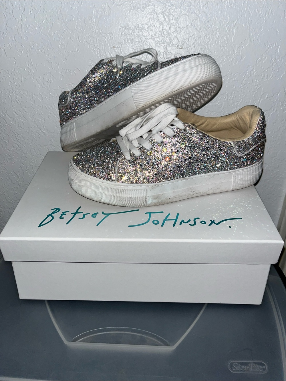Betsey Johnson Silver Crystal Embellished Platform Sneakers - Picture 4 of 5